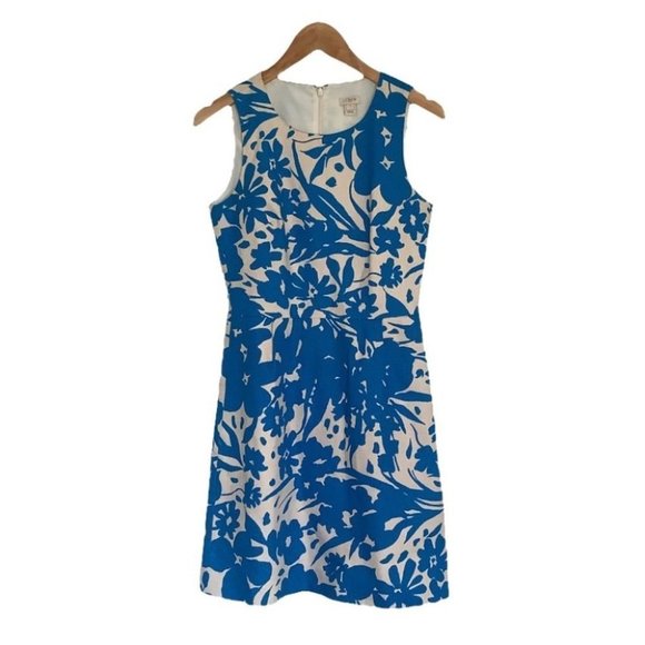 J. Crew Floral Printed Pleated Shift Dress Cotton Blue Beige Women’s Size 0 US - Picture 1 of 11